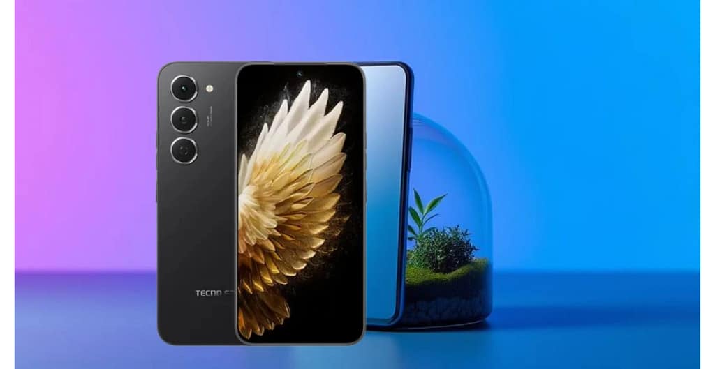 Tecno Spark 40 Pro front and back view showing ultra-slim body and triple camera setup on a gradient background