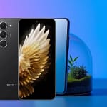 Tecno Spark 40 Pro front and back view showing ultra-slim body and triple camera setup on a gradient background