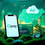 Smartphone displaying Opay app beside a Nigerian AfriGO card, with AI, cloud icons, and a digital Nigeria map in the background representing fintech innovation.