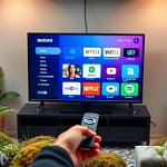 Various smart TV streaming devices including Fire Stick, Chromecast, and Roku placed on a table.