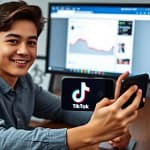 Content creator streaming on TikTok LIVE while Facebook screen fades in background