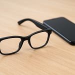 Modern AI-powered smart glasses with a matte black frame placed beside a sleek smartphone on a wooden desk