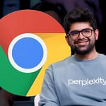 Aravind Srinivas, Perplexity AI CEO, beside the Google Chrome logo on a clean white background with subtle AI and financial motifs.