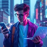 A split-screen digital illustration showing a person using everyday technology