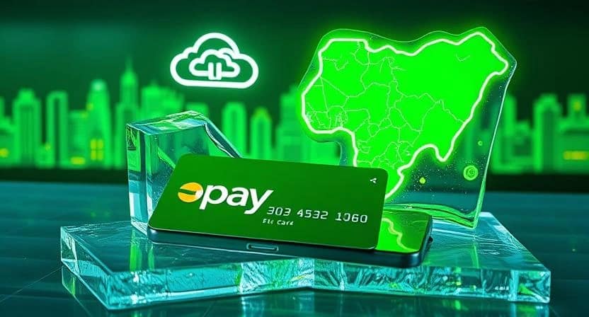 Opay mobile app connected to Huawei Cloud servers with digital security icons, showcasing secure Nigerian cloud-based fintech technology