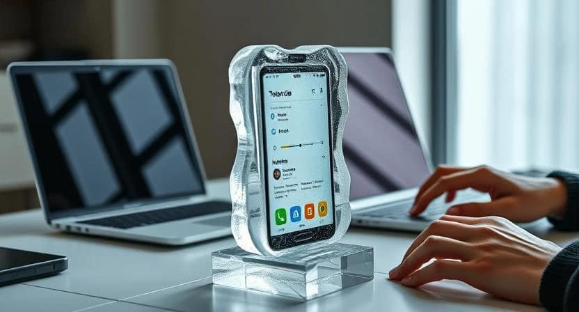 Old phone used for productivity on work desk.