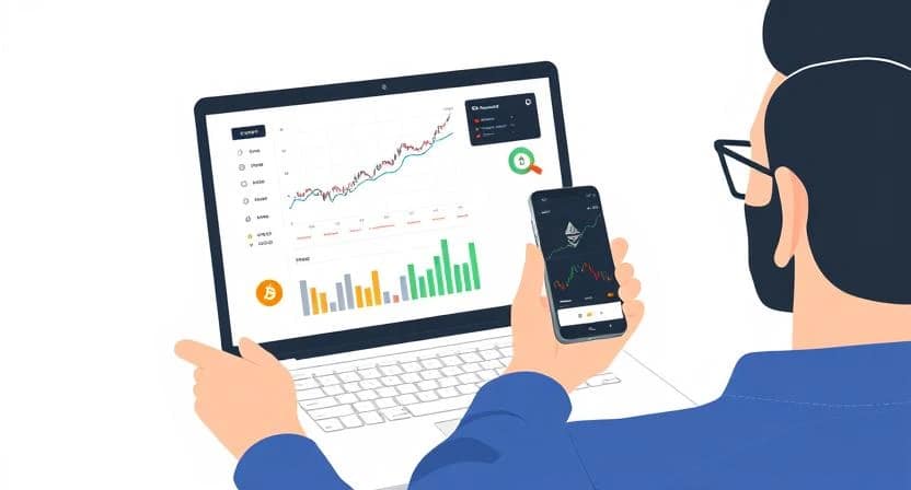 Person tracking cryptocurrency portfolio on laptop and phone with charts and price graphs