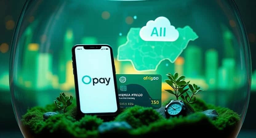 Smartphone displaying Opay app beside a Nigerian AfriGO card, with AI, cloud icons, and a digital Nigeria map in the background representing fintech innovation.