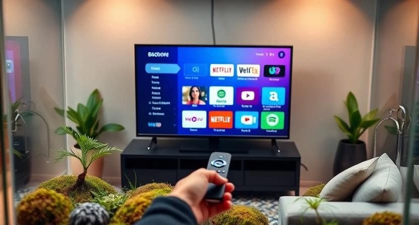 Various smart TV streaming devices including Fire Stick, Chromecast, and Roku placed on a table.