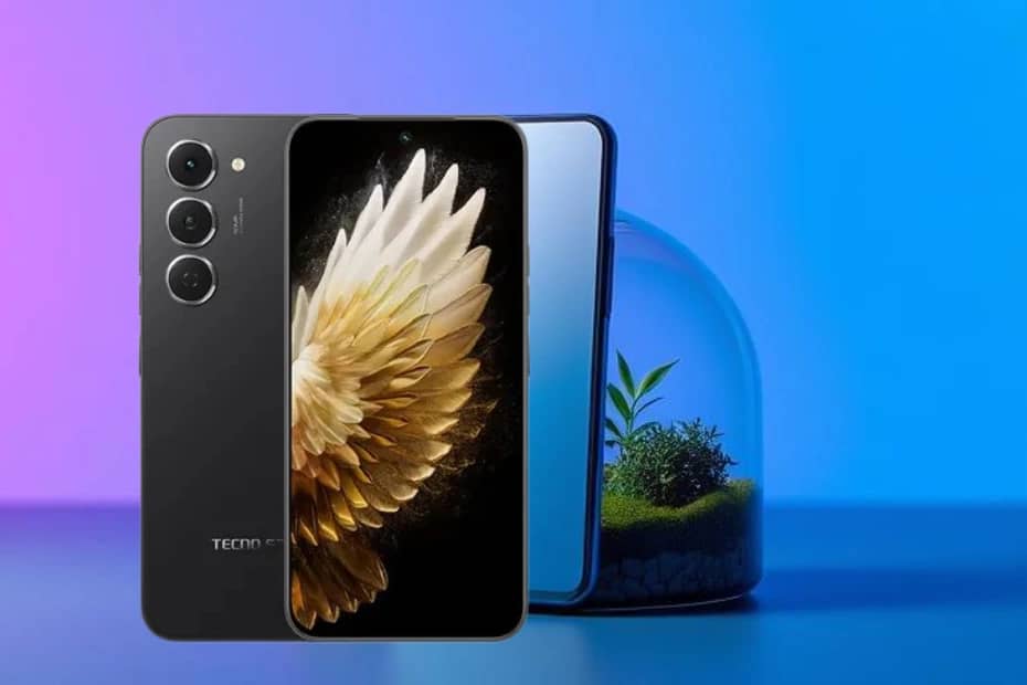 Tecno Spark 40 Pro front and back view showing ultra-slim body and triple camera setup on a gradient background