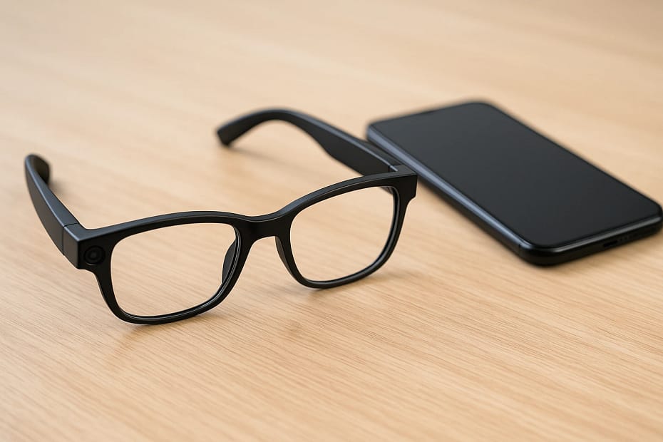 Modern AI-powered smart glasses with a matte black frame placed beside a sleek smartphone on a wooden desk