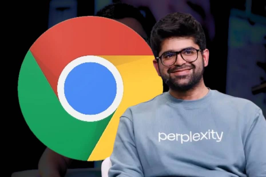 Aravind Srinivas, Perplexity AI CEO, beside the Google Chrome logo on a clean white background with subtle AI and financial motifs.